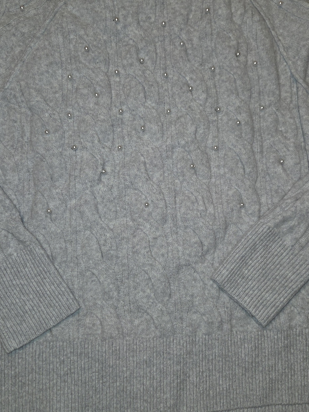 aerie Light Gray Cable Knit Crewneck Sweater with Stud Accents